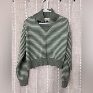 Universal Thread Olive Green and Sage Striped V-Neck Sweater
